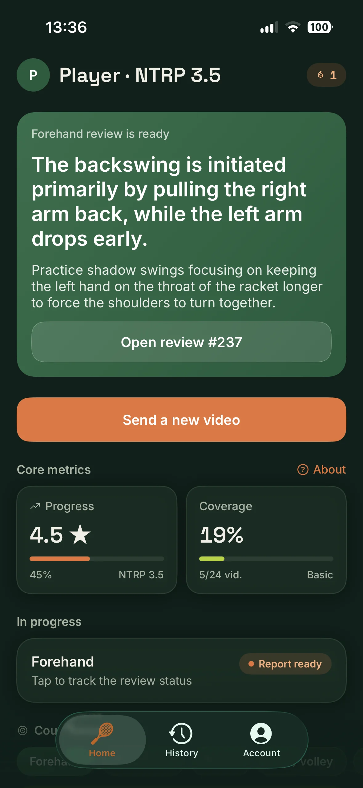 AdvantAce home screen: a finished stroke review, the send-video button and key progress meters